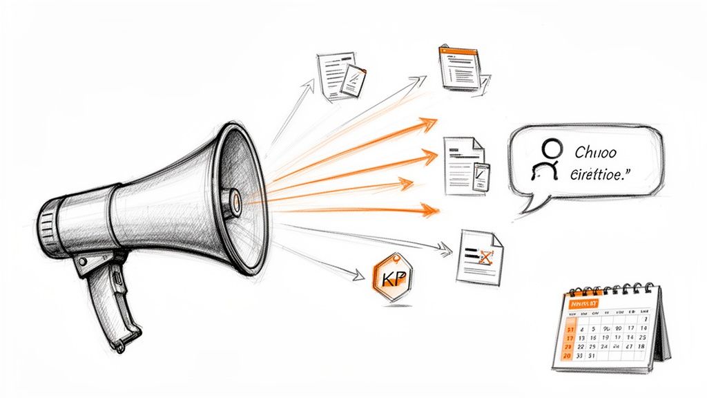 A hand-drawn illustration of a megaphone broadcasting various forms of information, including documents, a calendar, and a speech bubble.