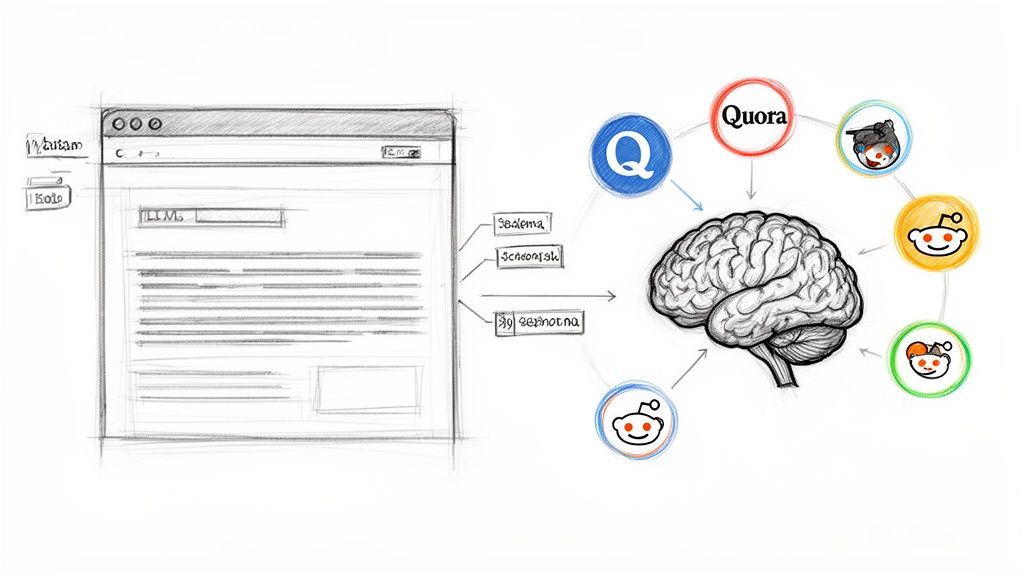 Hand-drawn diagram showing a web browser feeding information to a brain, which then interacts with Quora and Reddit social media platforms.