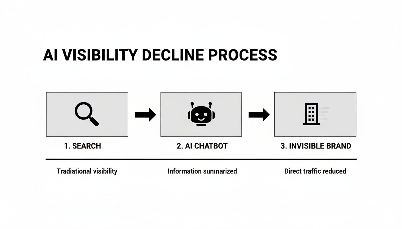 A flowchart illustrates the AI visibility decline process from traditional search to an invisible brand.