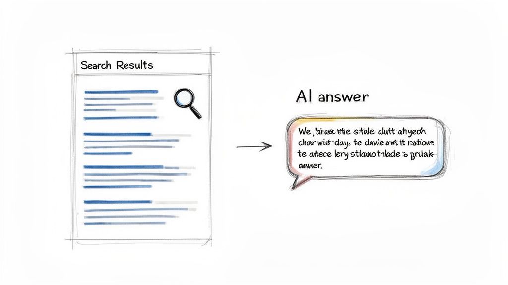 Illustration depicting search results being processed into an AI-generated answer or summary.