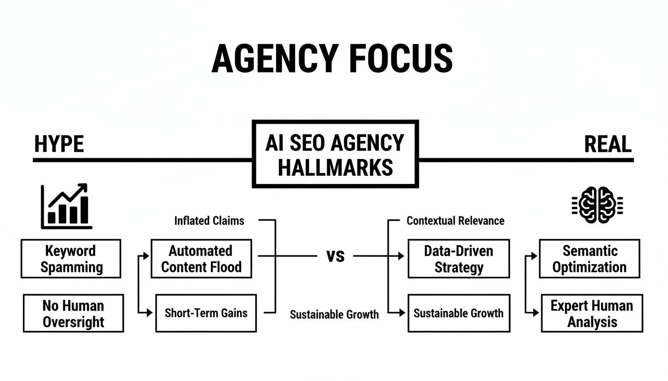 Diagram comparing AI SEO agency hype tactics with real, data-driven, and sustainable strategies for growth.