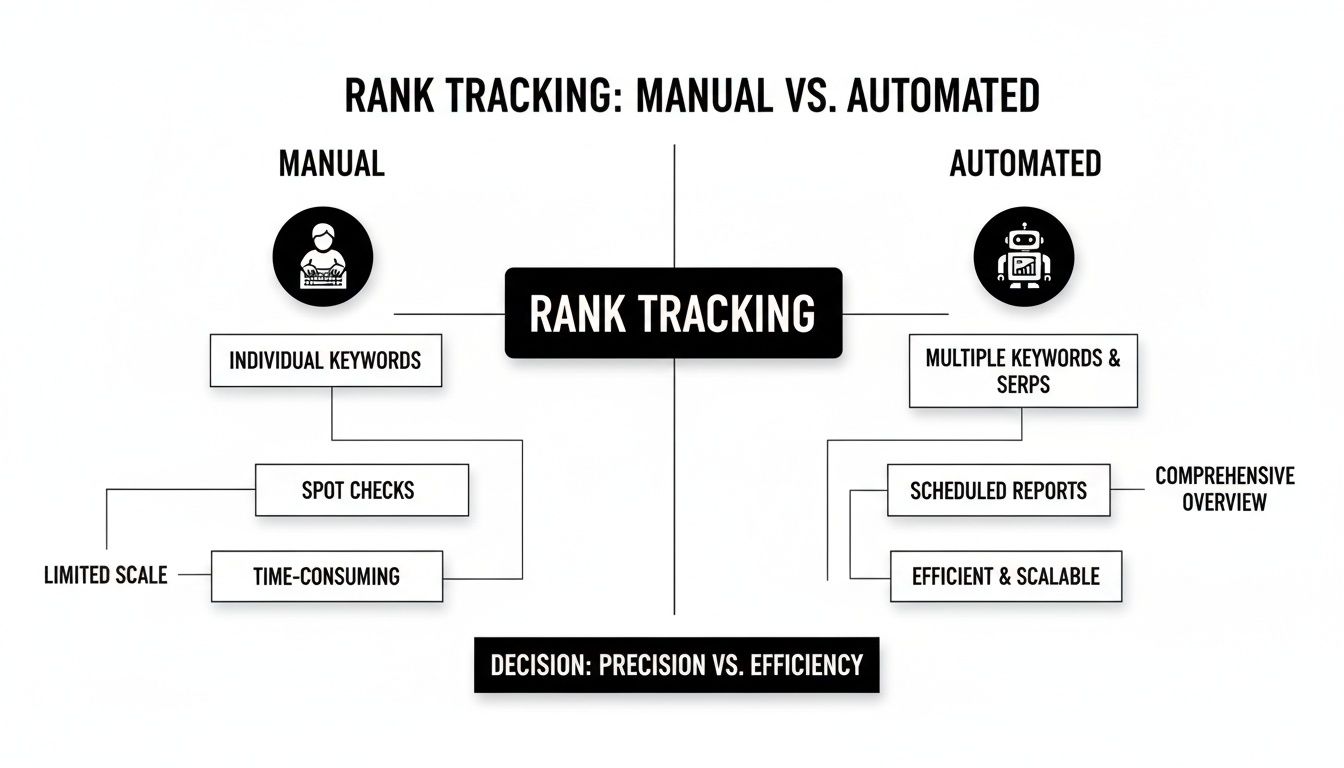A diagram comparing manual versus automated rank tracking methods, outlining their features and trade-offs.