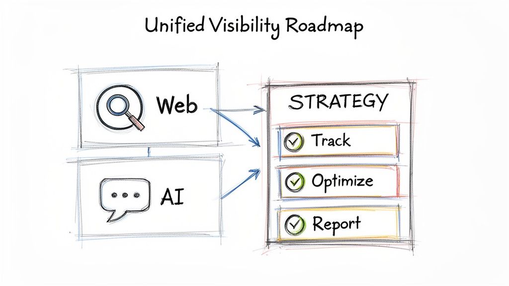 A unified visibility roadmap diagram showing Web and AI inputs feeding into a strategy with tracking, optimizing, and reporting steps.
