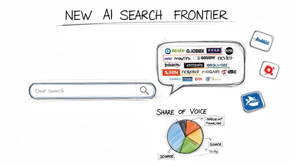 Diagram illustrating the new AI search frontier with a chat search bar, multiple AI tool logos, and a share of voice pie chart, on a white background.