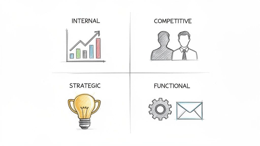 Business diagram presenting four key areas for benchmarking: Internal, Competitive, Strategic, and Functional aspects.