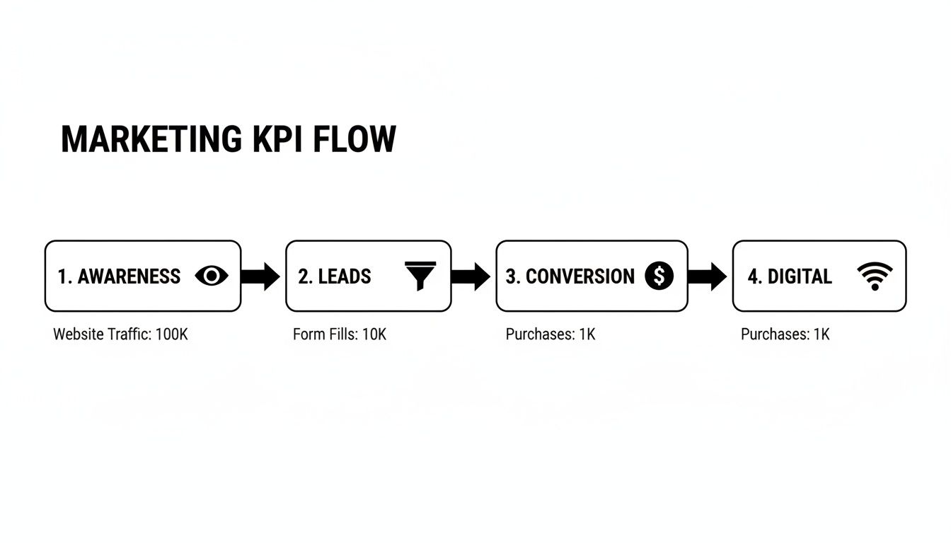 A marketing KPI flow diagram showing four stages: awareness, leads, conversion, and digital, with key metrics.