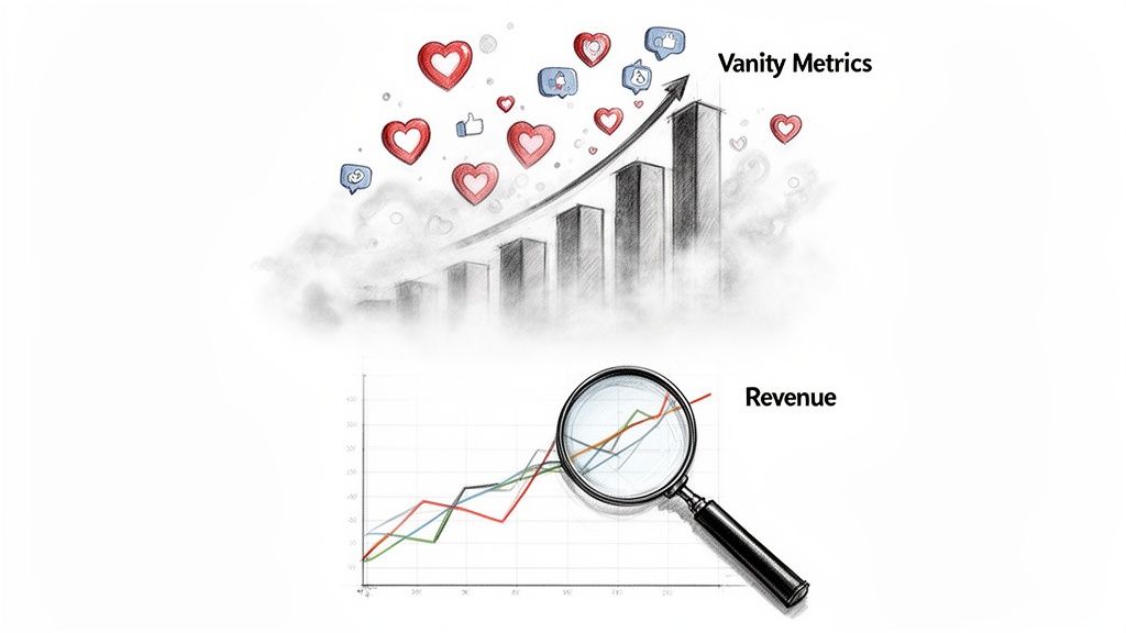 Graphs compare rising social media vanity metrics (likes, hearts) with detailed, magnified revenue growth.