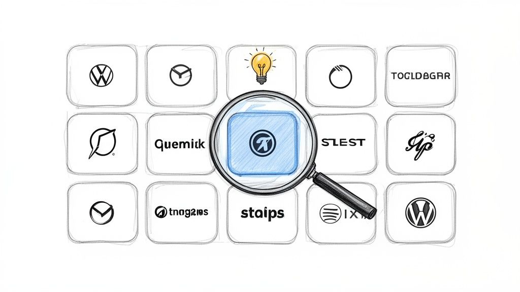 A sketched grid of various brand logos and fictional text icons, with one blue-highlighted logo under a magnifying glass.