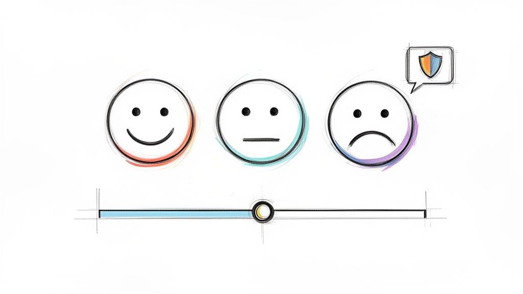 A hand-drawn sentiment scale with happy, neutral, and sad faces, and a security icon.