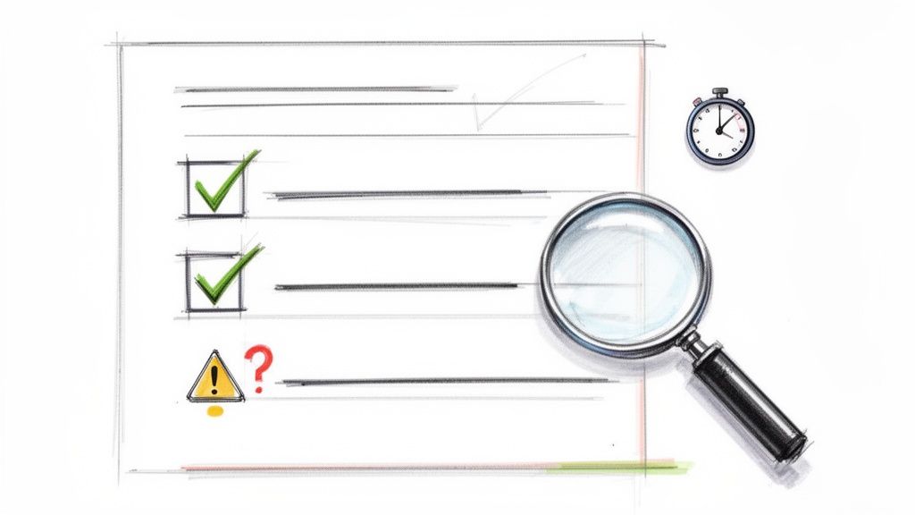 Illustration of a checklist with green checkmarks, a warning sign, a magnifying glass, and a stopwatch.