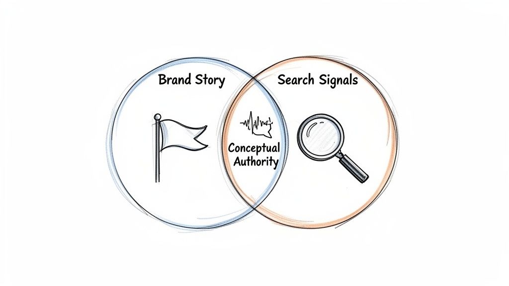 Venn diagram illustrating Brand Story and Search Signals intersecting to form Conceptual Authority.