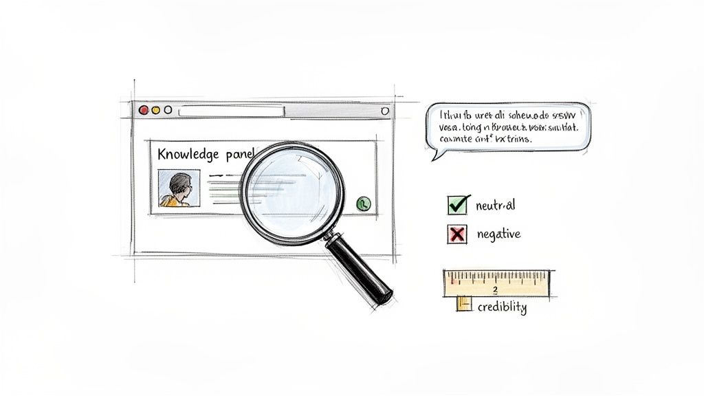 Illustration of a knowledge panel with a magnifying glass, showing neutral sentiment and credibility evaluation.