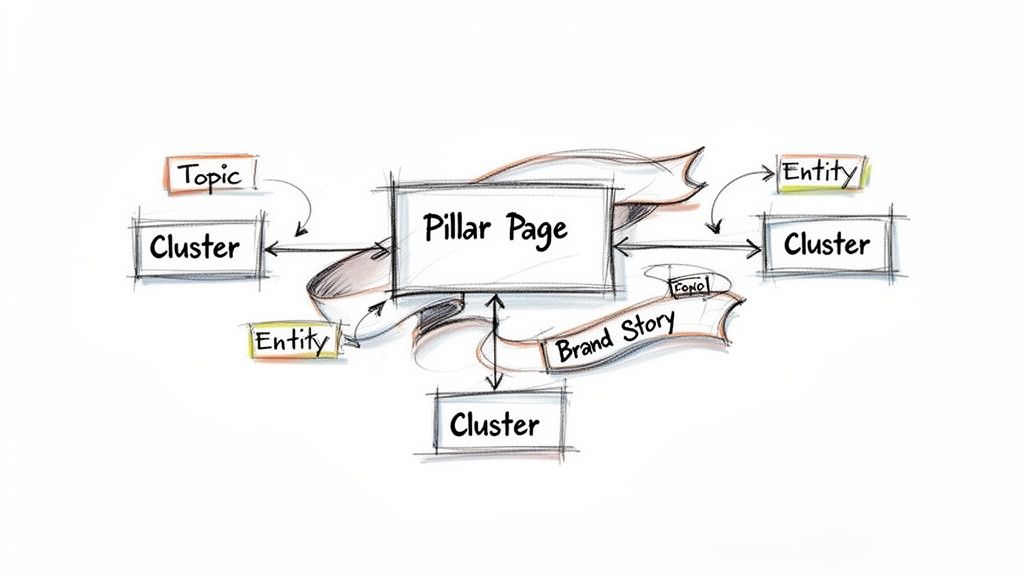 Diagram illustrating a Pillar Page content strategy, connecting clusters, topics, entities, and brand story for SEO.