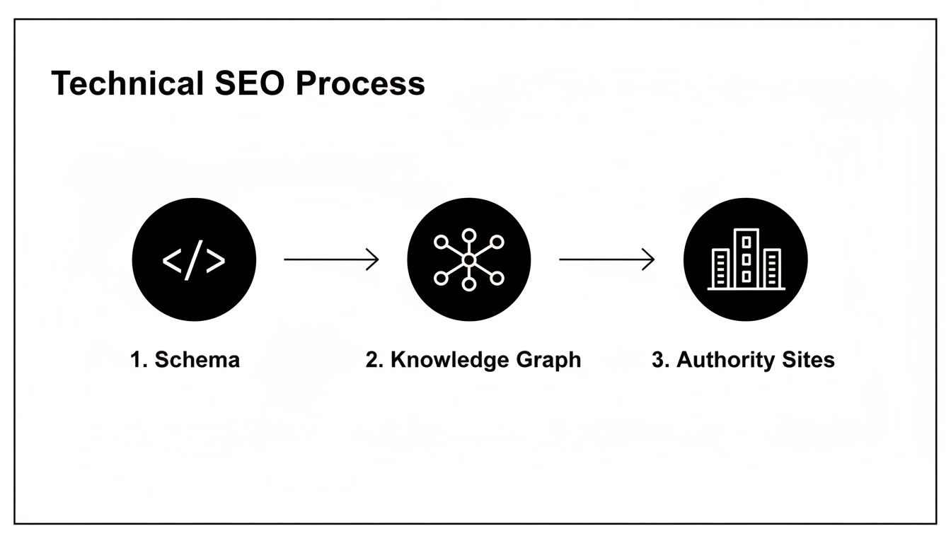 A diagram illustrating the Technical SEO Process, moving from Schema to Knowledge Graph and Authority Sites.