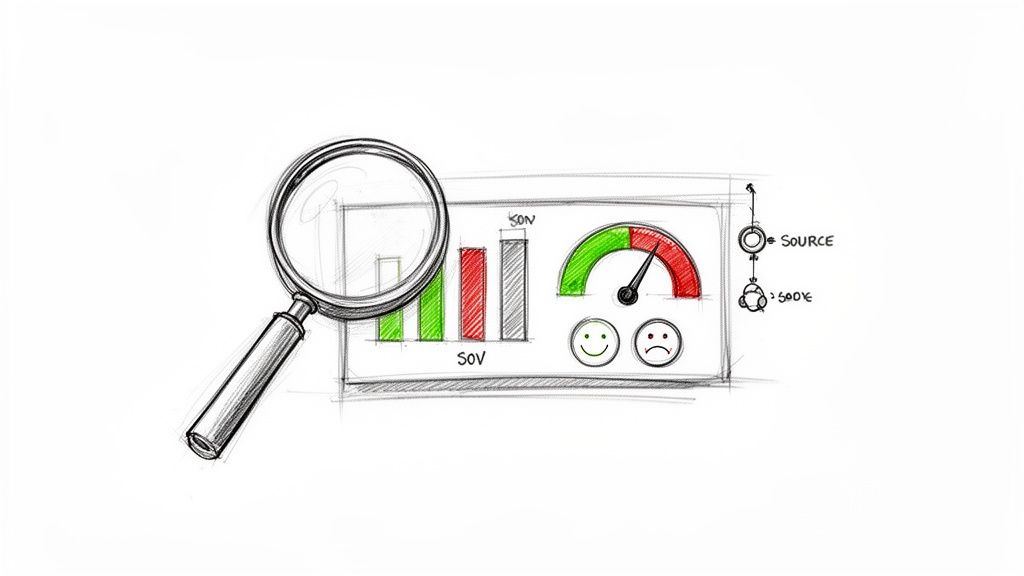 A magnifying glass inspecting a sketched dashboard displaying business metrics, a gauge, and emotional indicators.