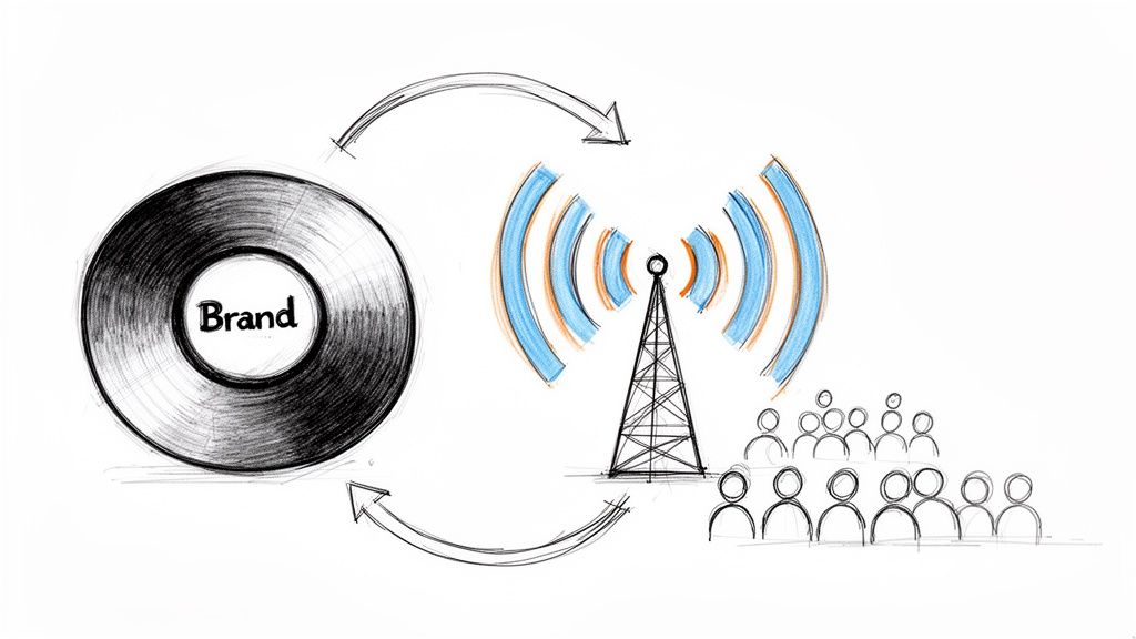 A sketch illustrating a brand sending out signals through an antenna to an audience, with feedback.