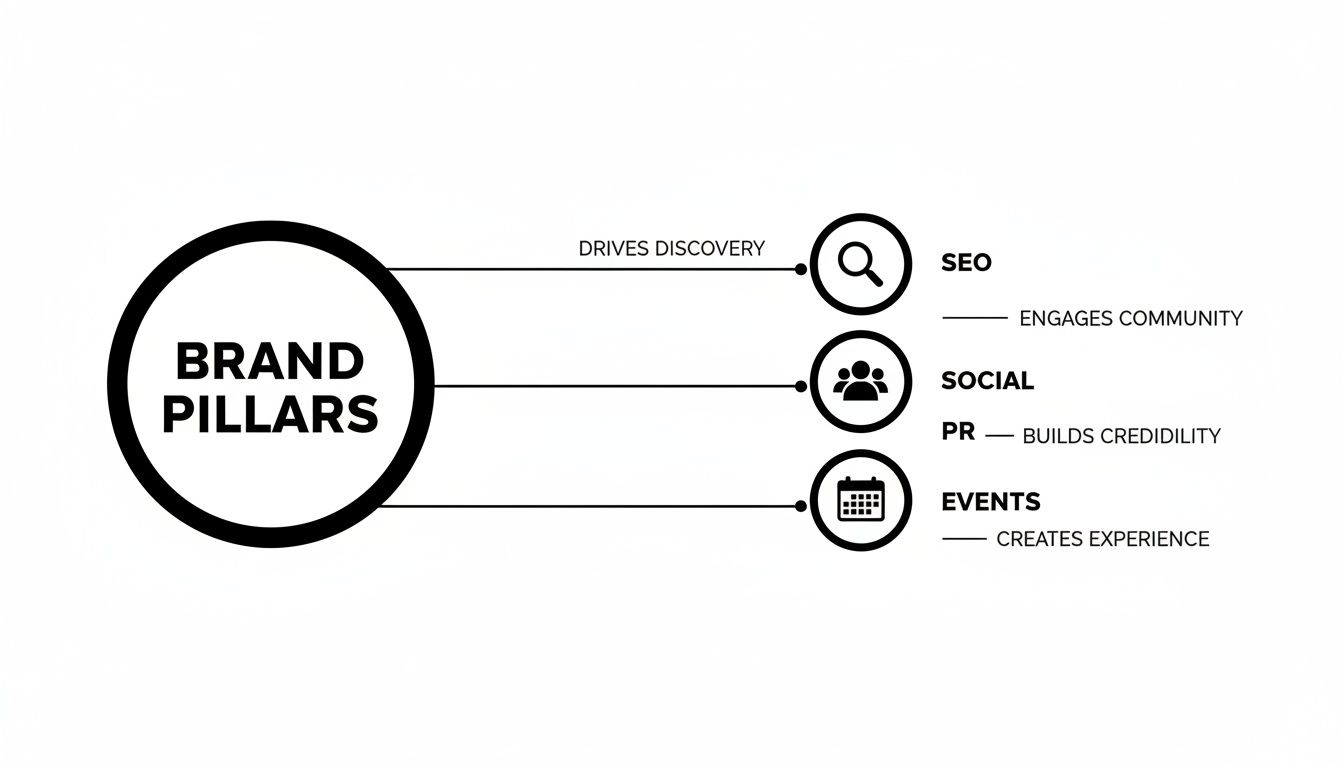 Infographic showing brand pillars: SEO for discovery, social/PR for community/credibility, and events for experience.
