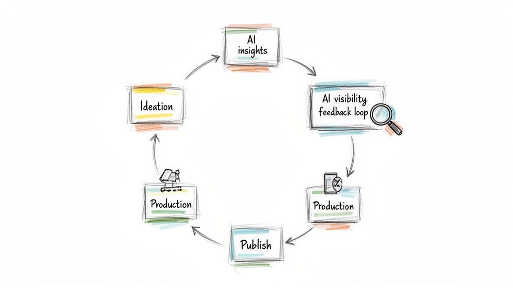 A diagram illustrating an AI-driven content creation workflow, from insights and ideation to production and publishing, with feedback.