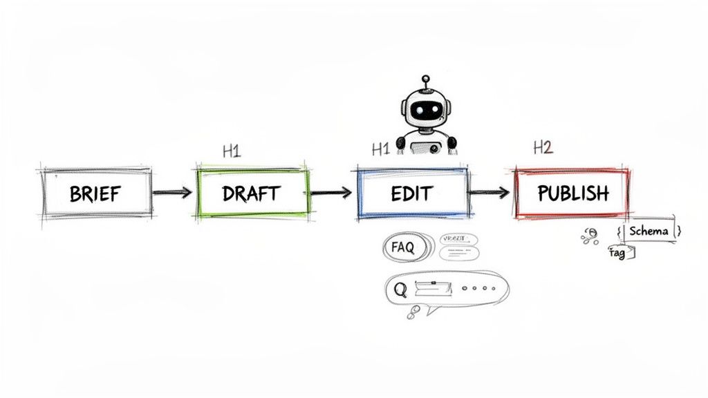 Content creation workflow diagram showing steps: brief, draft, edit (with AI robot), and publish with SEO elements.