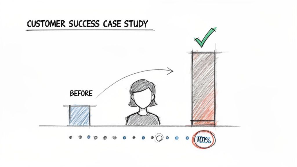 Hand-drawn illustration of a customer success case study showing improvement from a 'before' state to 101% achievement.