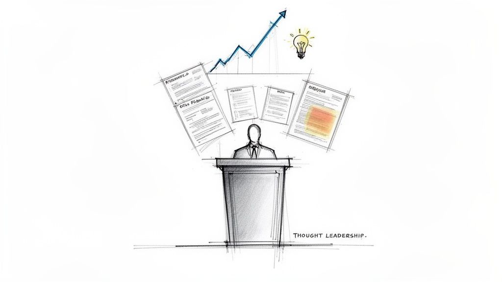 A sketch illustration of a thought leader at a podium with documents, ideas, and a growth graph on a white background.