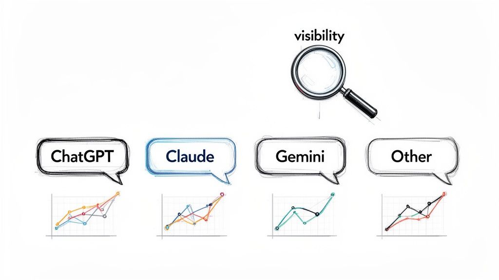 Illustration comparing the visibility and performance trends of ChatGPT, Claude, Gemini, and other AI models using line graphs, with a magnifying glass symbolizing 'visibility' on a white background.