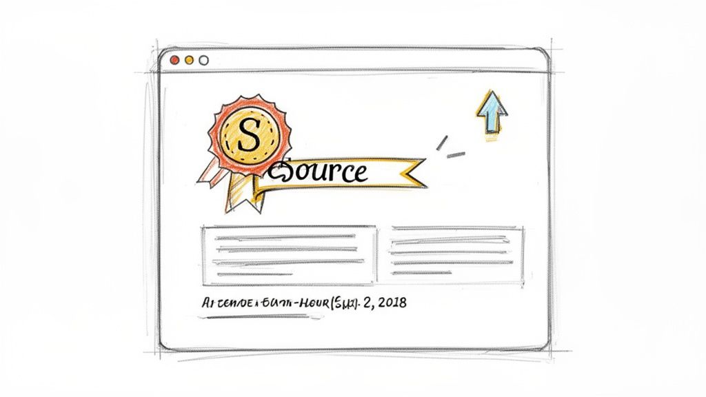 A hand-drawn sketch of a browser window displaying a 'Source' ribbon with an 'S' badge and an upward arrow, indicating digital information.