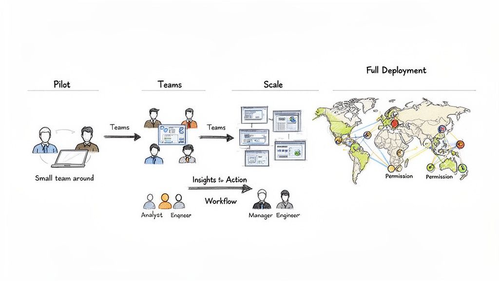 A diagram illustrating the stages of enterprise scaling from pilot teams to global full deployment with workflow and technology.