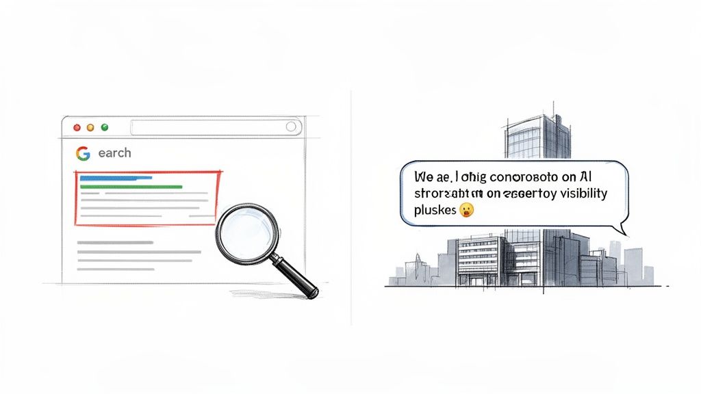 A sketch illustrating a search engine results page with a magnifying glass and a cityscape with a speech bubble about visibility.