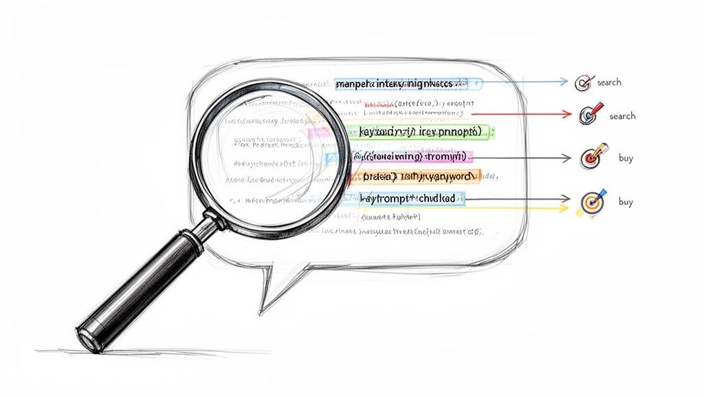 Magnifying glass over a speech bubble analyzing highlighted text snippets leading to search and buy actions.