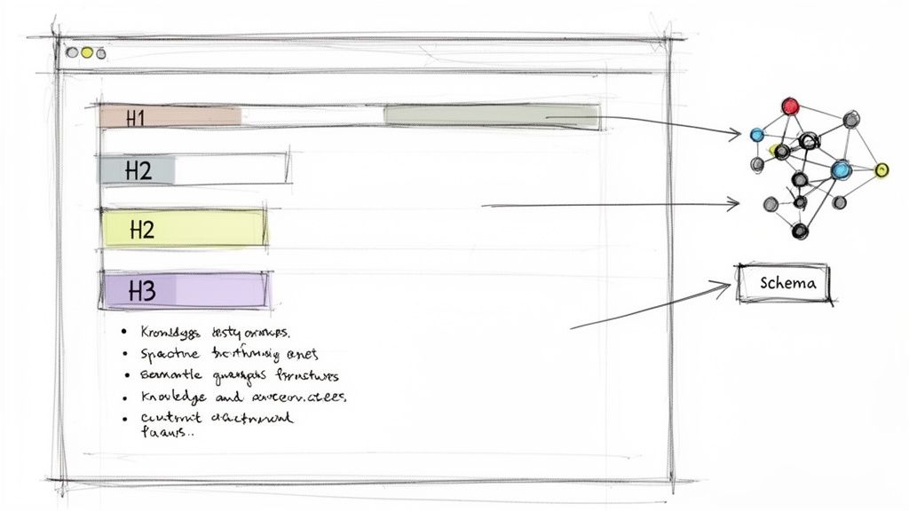 Diagram illustrating webpage content structure (H1, H2, H3) connecting to a knowledge graph and schema.