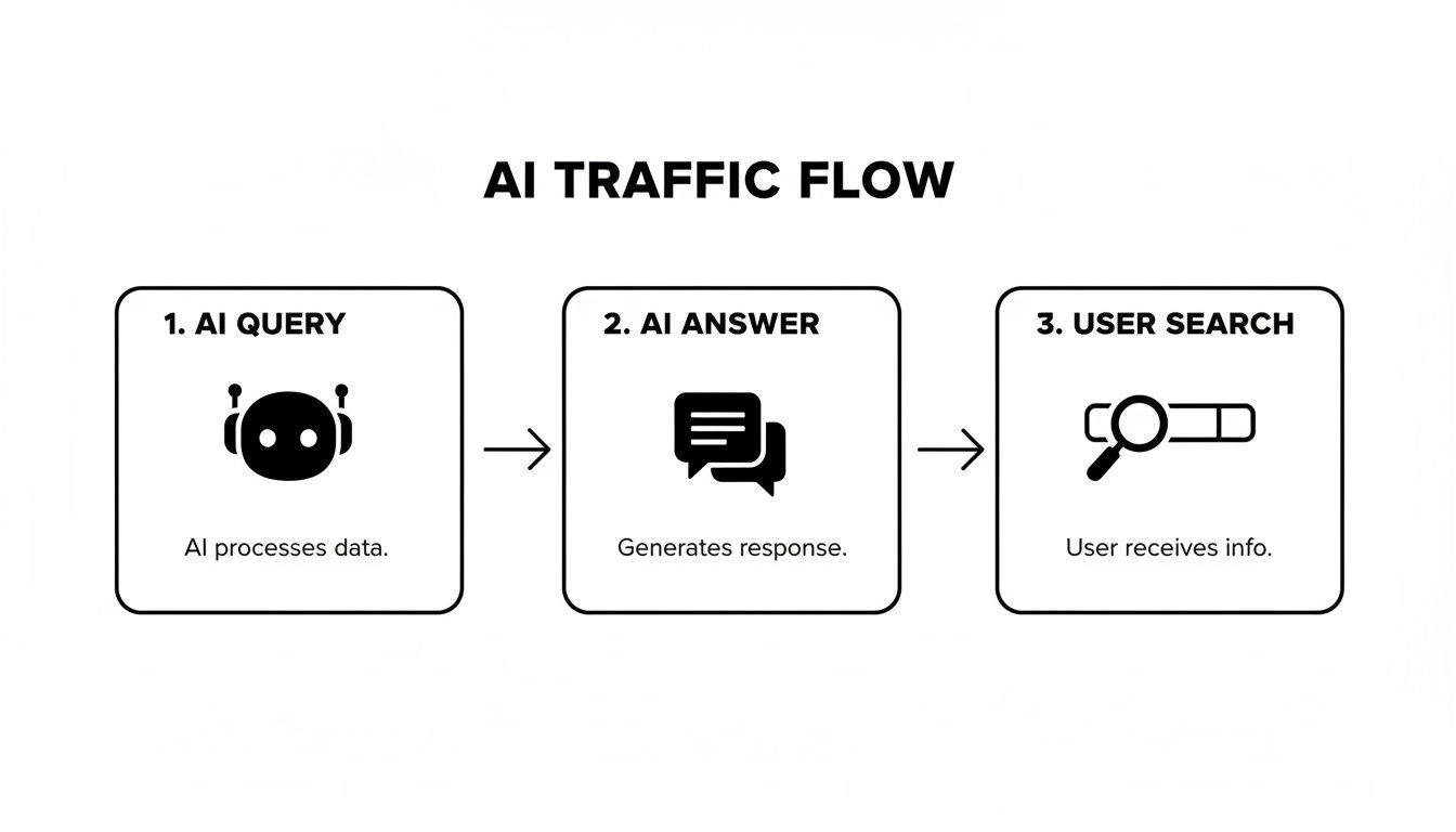 AI traffic flow diagram showing steps: AI query, AI answer, and user search.