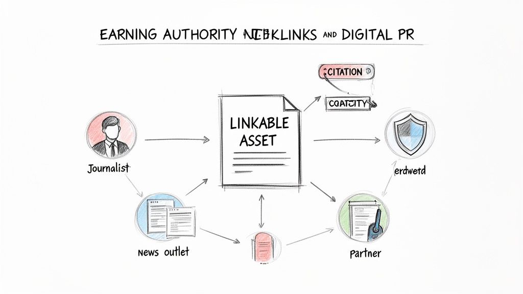 Diagram showing a linkable asset at the center, driving digital PR, backlinks, and authority.