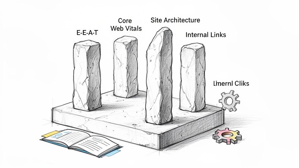 Sketch of four stone pillars representing E-E-A-T, Core Web Vitals, Site Architecture, and Internal Links.