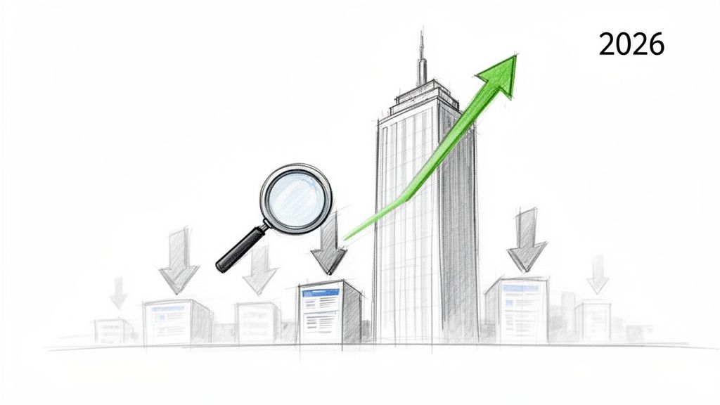 Sketch illustrating website traffic growth analysis with a skyscraper, magnifying glass, and upward arrow pointing to 2026.