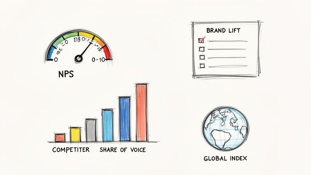 Sketched illustrations of business metrics: NPS gauge, brand lift checklist, share of voice bar chart, and global index globe.