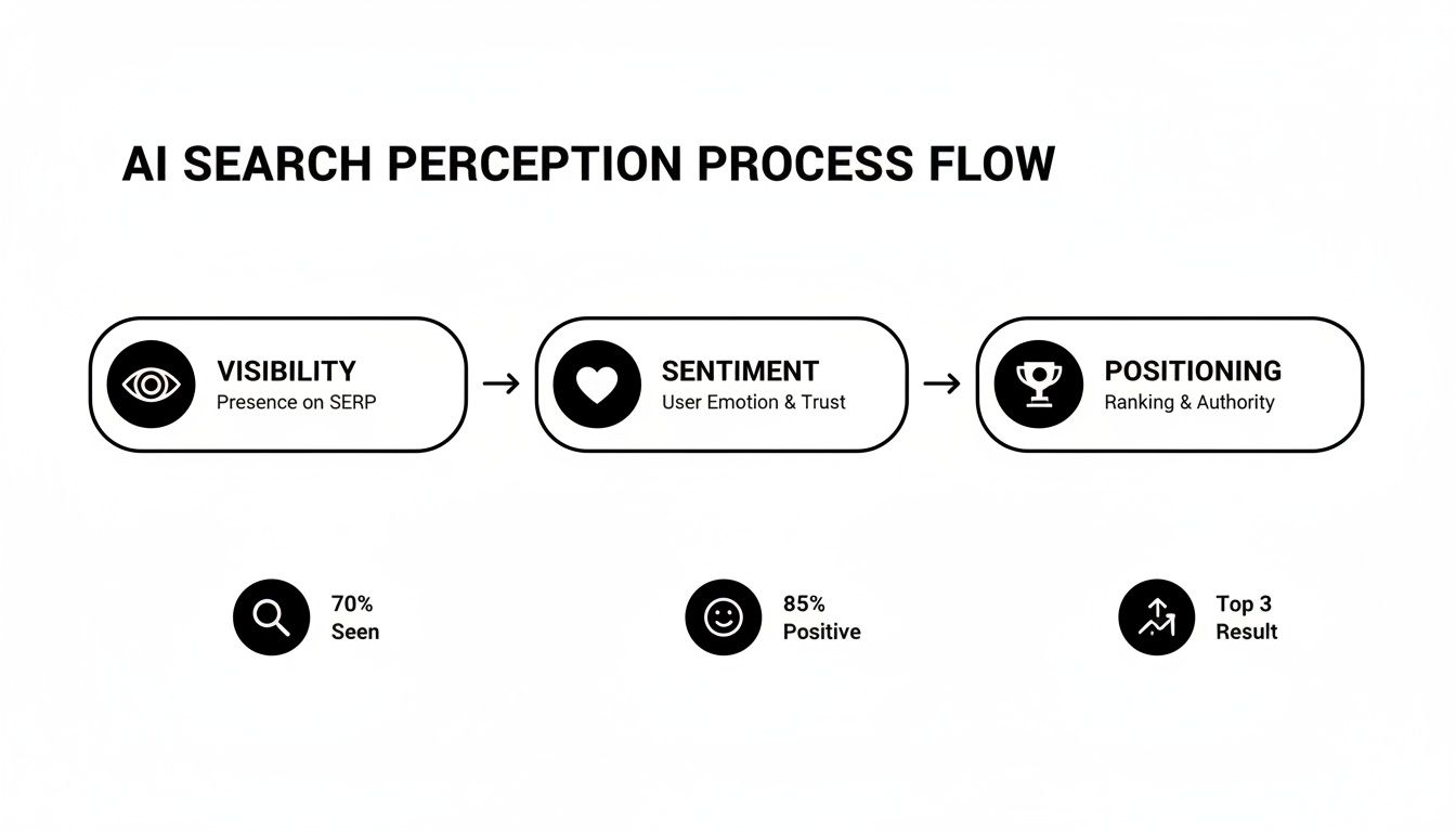 Flowchart showing AI search perception process: Visibility, Sentiment, and Positioning with performance metrics.
