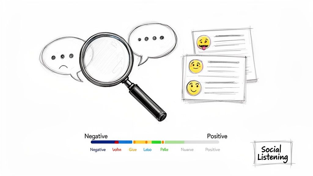 A sketch illustrating social listening with speech bubbles, emojis, a magnifying glass, and a sentiment scale.