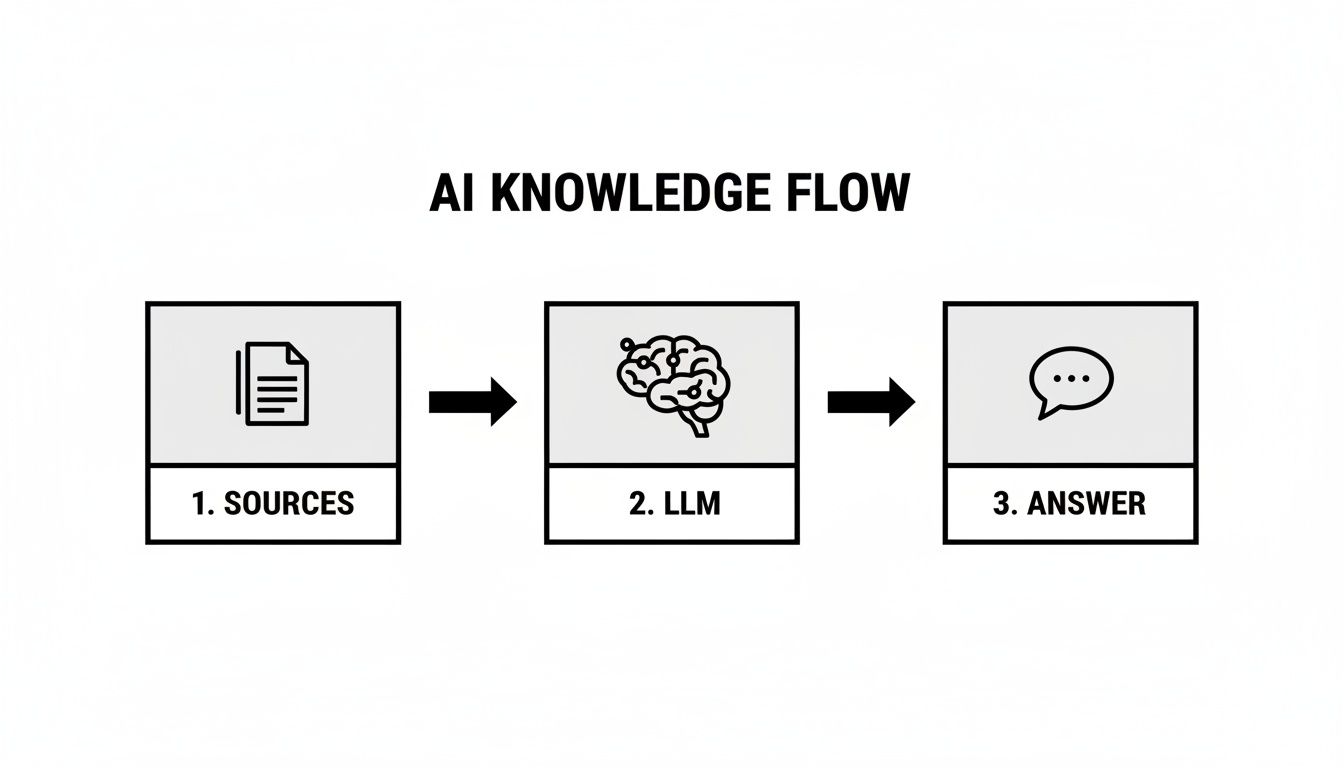 Flowchart illustrating AI knowledge flow: sources, LLM processing, and the final answer.
