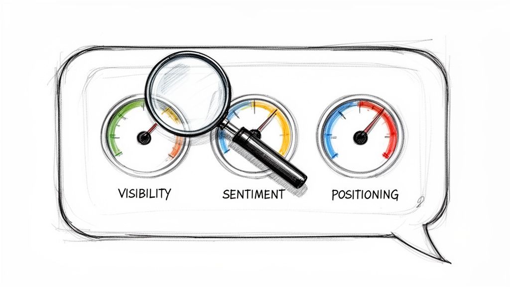 A sketch of a speech bubble containing three gauges for Visibility, Sentiment, and Positioning, with a magnifying glass over Sentiment.
