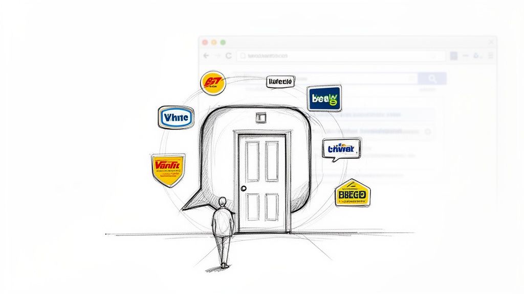 Sketch of a person approaching a door within a speech bubble, surrounded by various brand logos, symbolizing online interaction.