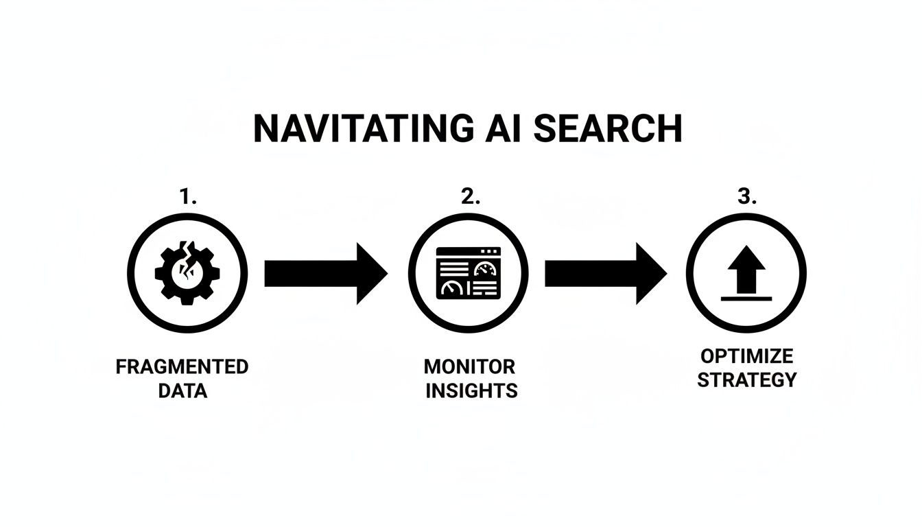 A three-step diagram illustrates navigating AI search: fragmented data, monitor insights, optimize strategy.