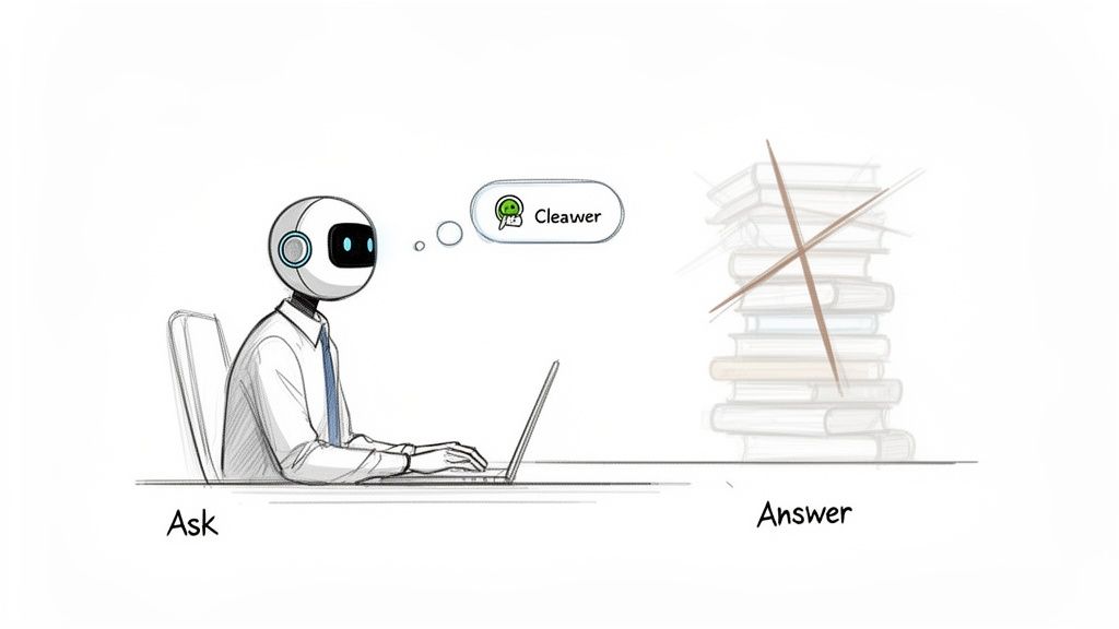 An AI robot on a laptop, thinking 'Cleawer', replaces a traditional book research for answers.