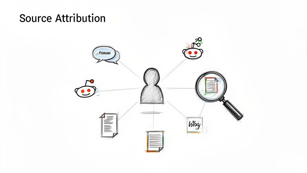 A diagram illustrating source attribution, showing a person linked to forums, Reddit, documents, and blogs.