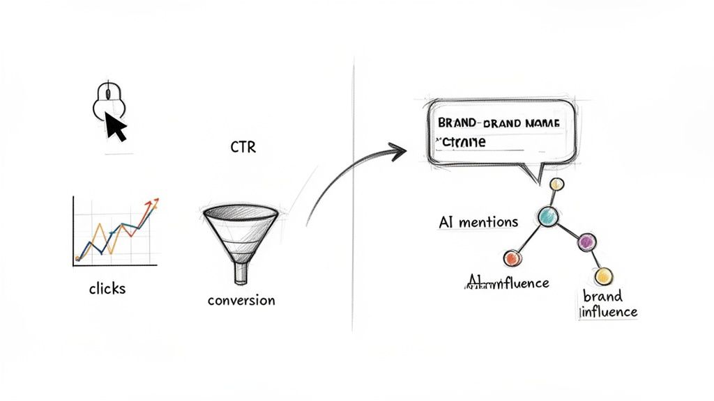 Diagram showing digital marketing effectiveness, from clicks and CTR conversion to AI mentions and brand influence.
