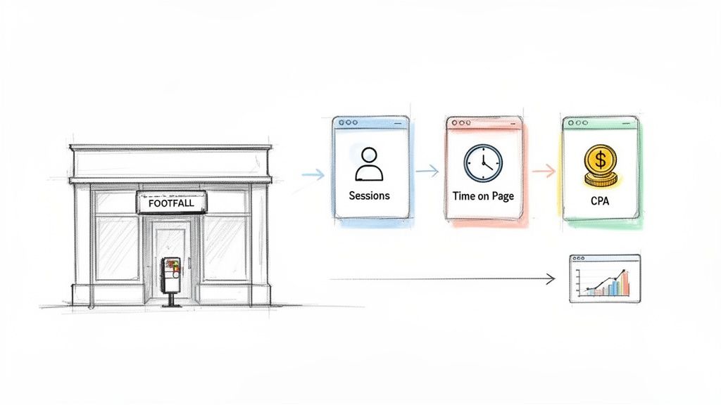 Diagram showing physical store footfall connected to digital marketing metrics: sessions, time on page, CPA, and data analysis.