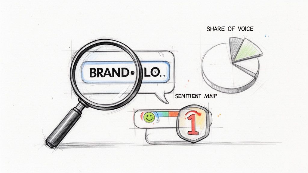 Sketch illustrating digital marketing effectiveness: brand monitoring, share of voice pie chart, and sentiment analysis.