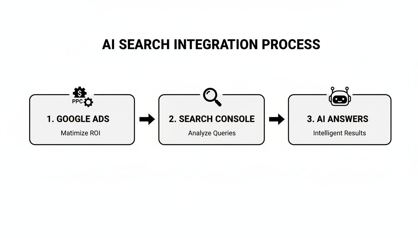 Flowchart showing AI search integration process steps: Google Ads, Search Console, and AI Answers.