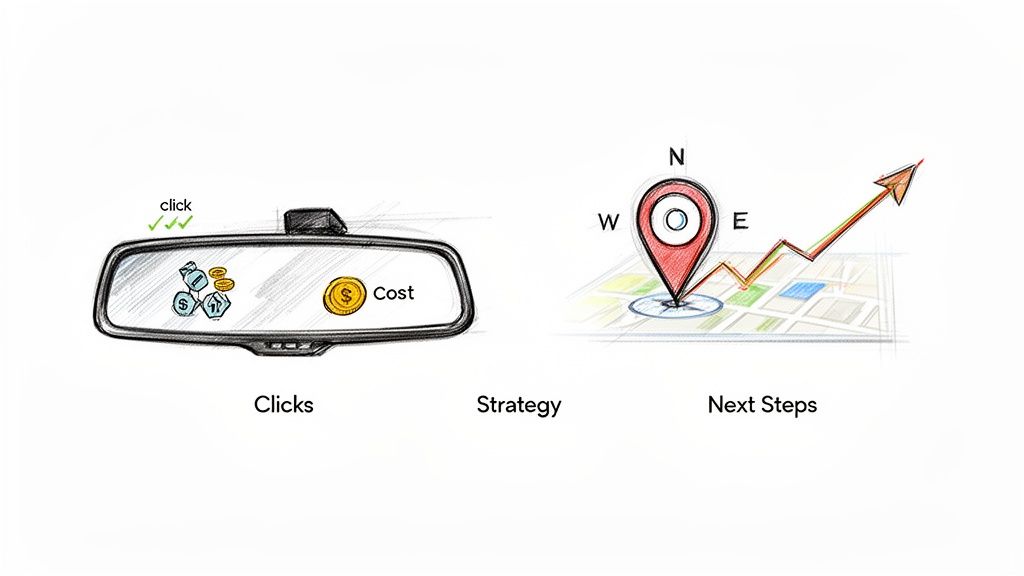 Marketing sketch showing clicks and cost in a rearview mirror, with a map and growth arrow for strategy.