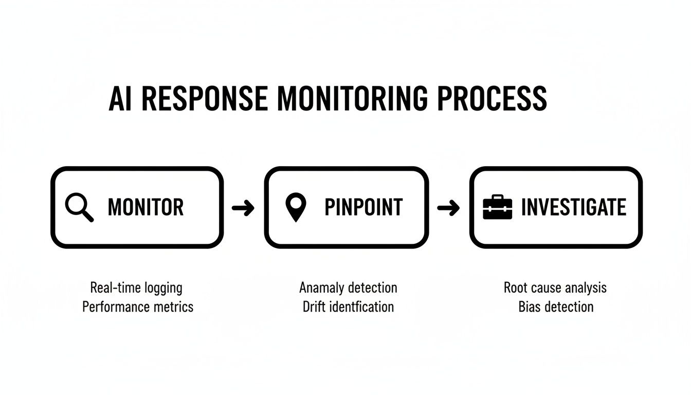 A flowchart outlining the AI Response Monitoring Process, detailing steps like logging, anomaly detection, and root cause analysis.